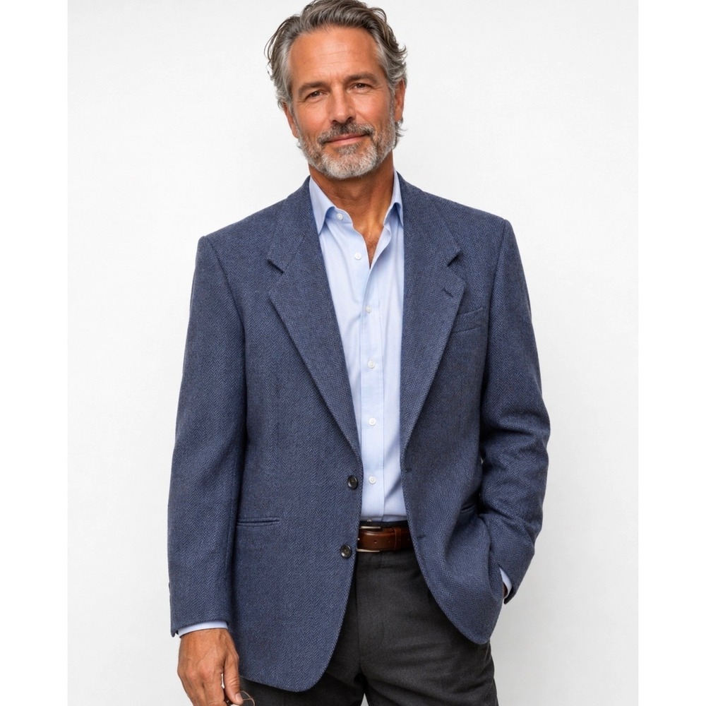 VTG 80s Yves Saint Laurent Wool Cashmere Blazer Men Size *44L Blue Herringbone